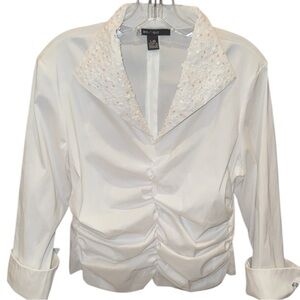 JS Boutique White Ruched Top Embellished Lapel Taffeta French Cuff 3/4 Sleeve LG